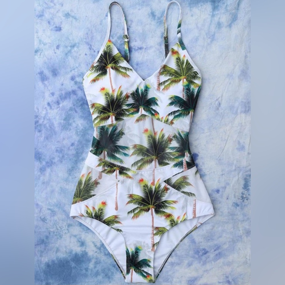 Riversong Backless One Piece Coconut Tropical Palm Tree Swimsuit White SZ XL - Picture 3 of 13